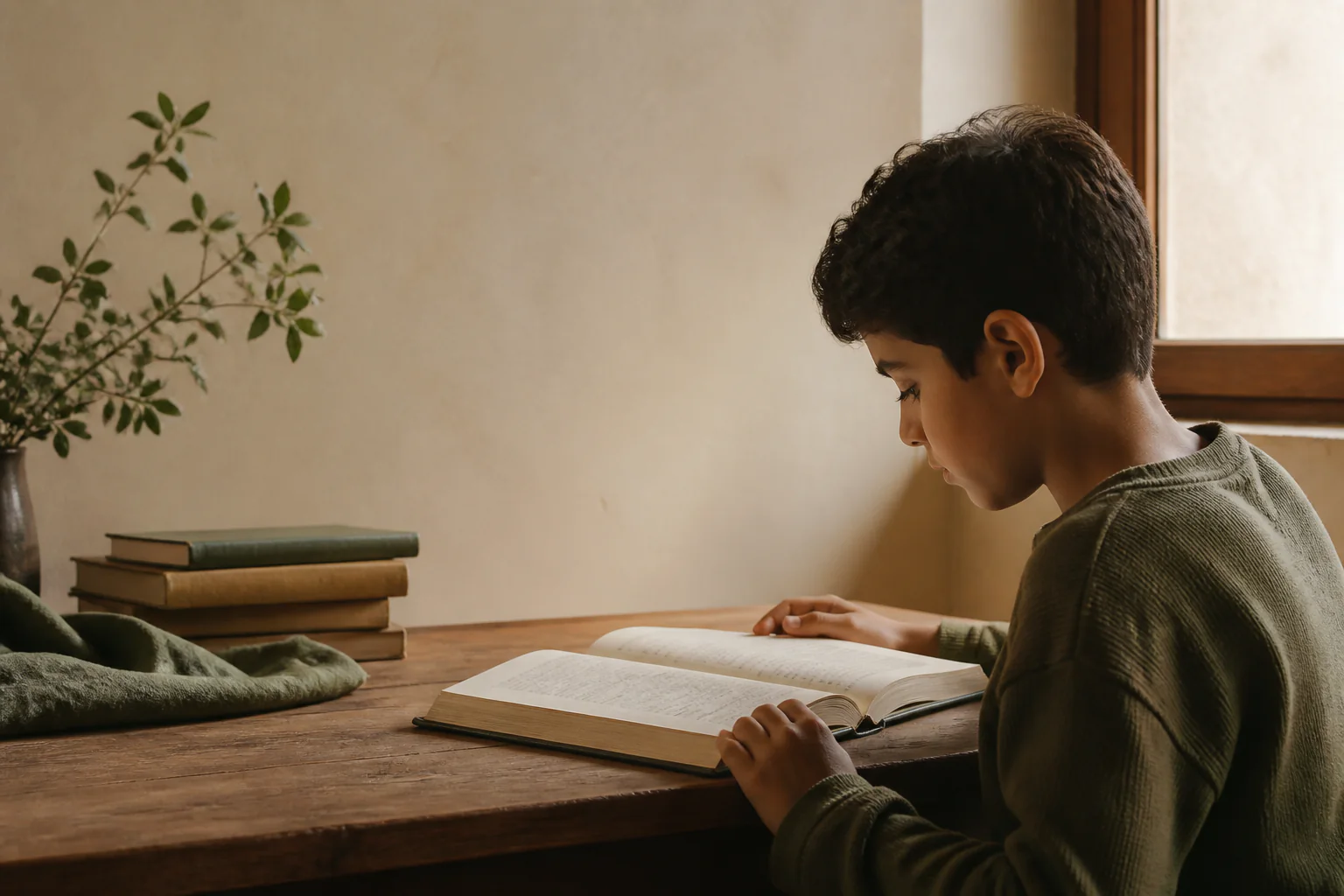 Pencere yanında masada kitap okuyan bir çocuk